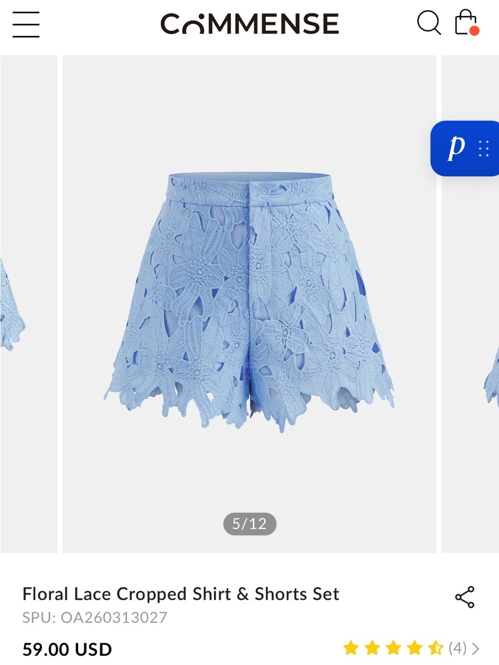 Commense Sky Blue Floral Lace Cropped Shirt & Shorts Set NWT - Picture 5 of 8